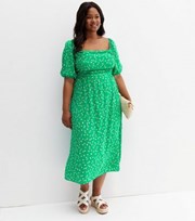 New Look Green Ditsy Floral Square Neck Midi Dress